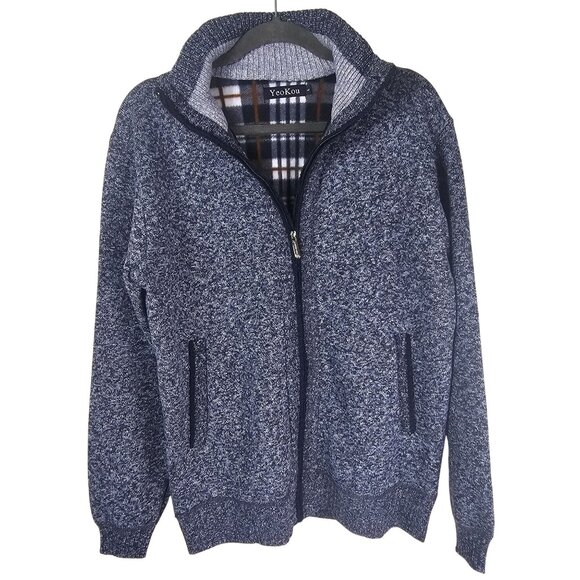 YeoKou Cashmere Wool Blend Mens Heavy Plaid Lined Blue Sweater Cardigan Size L - Picture 1 of 11